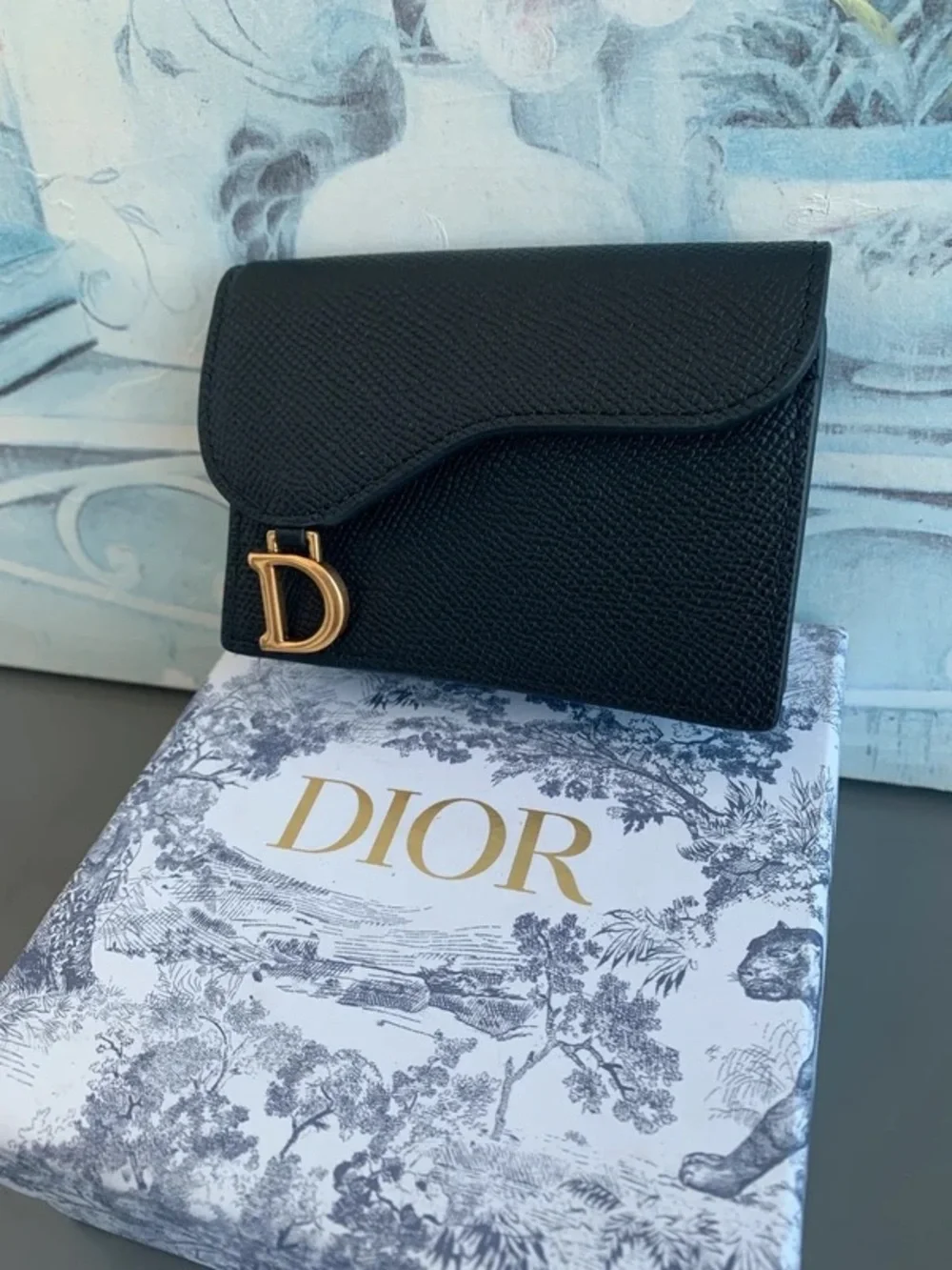 Dior Black Leather Compact Flap Wallet with Gold 'D' Charm
